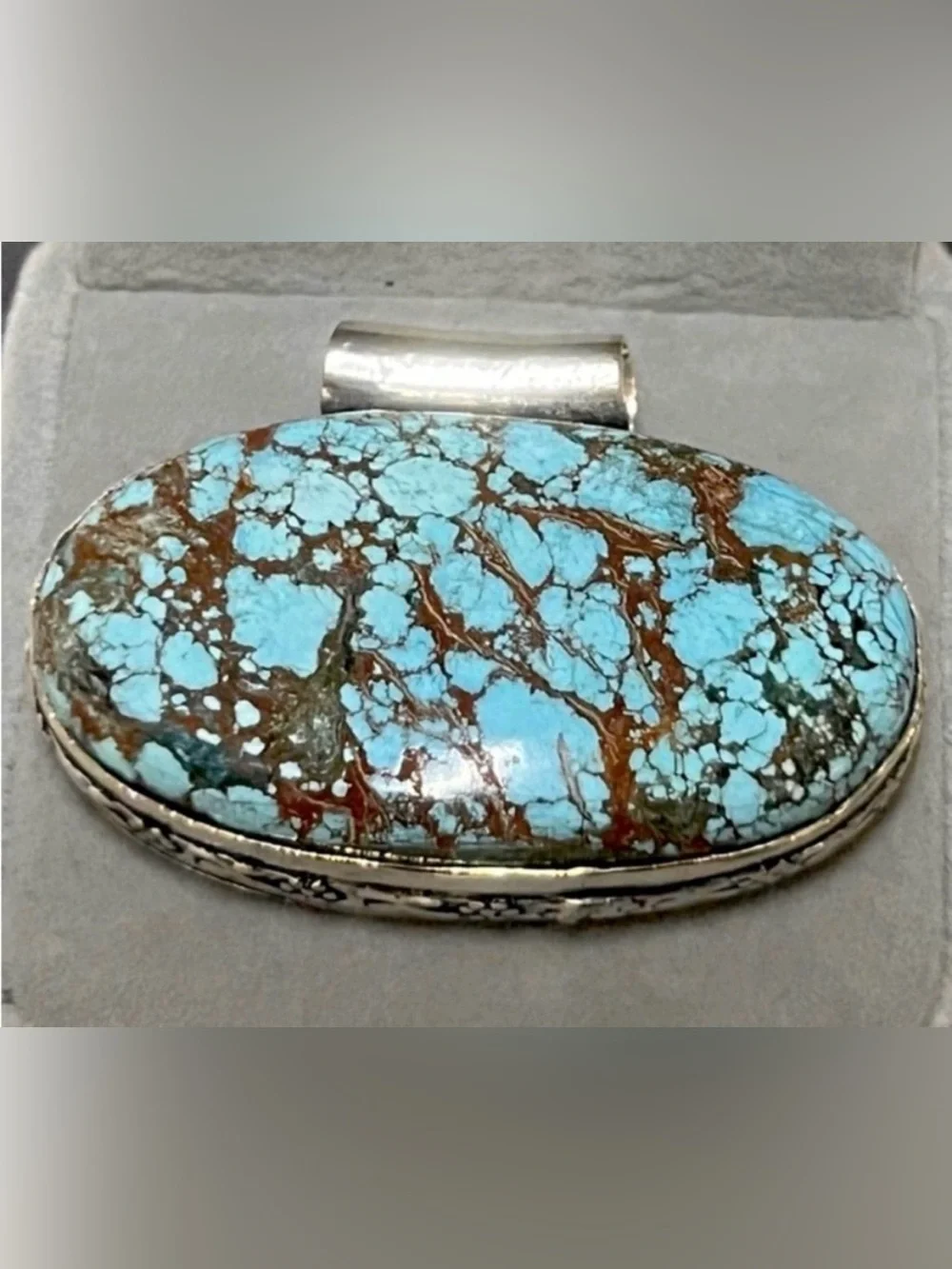 Turquoise & Veining Matrix, Ornate Cut Out Bale & Bezzled SilverOverlay